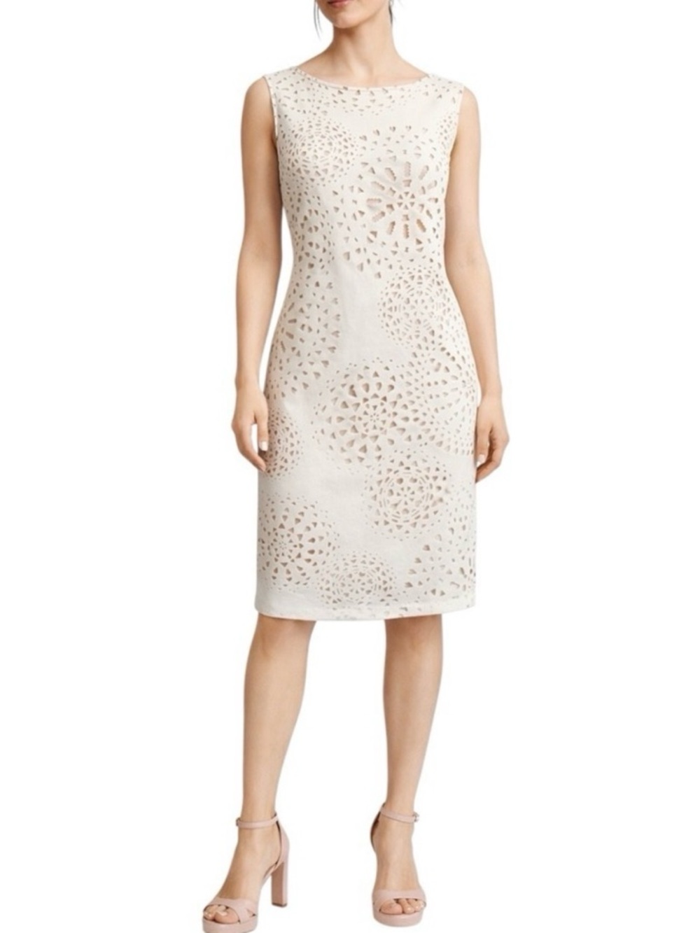 Ivory Knit Cutout Sheath Dress Sleeveless Midi Cocktail Dress Women’s 8